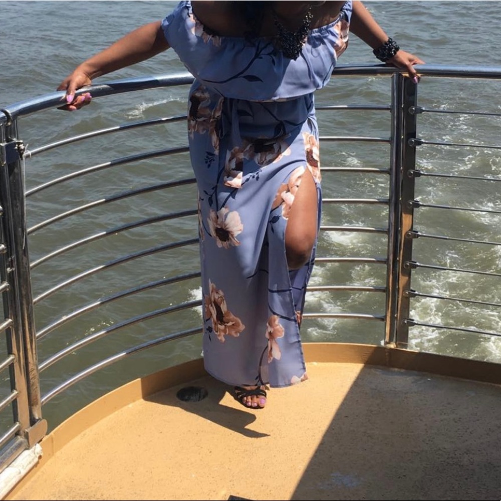 Light blue off the shoulder belted maxi dress with flowers